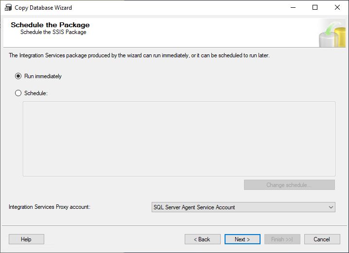 Schedule the Package step in the Copy Database Wizard