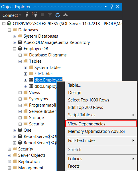 The View Dependencies option under the Object Explorer context menu