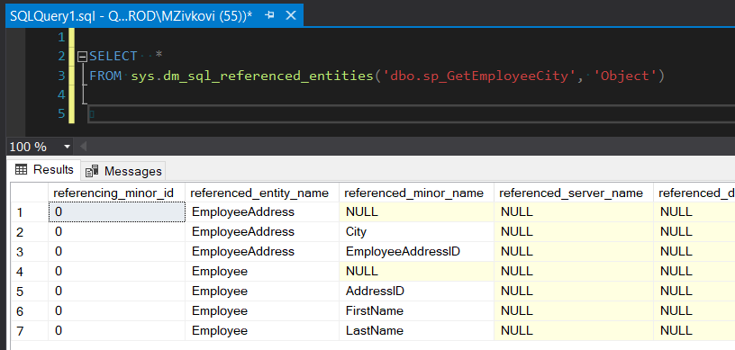 View SQL dependency using the sys.dm_sql_referenced_entities function 