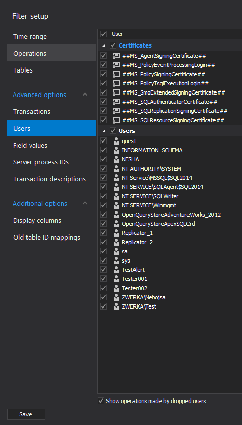 Auditing and report filters