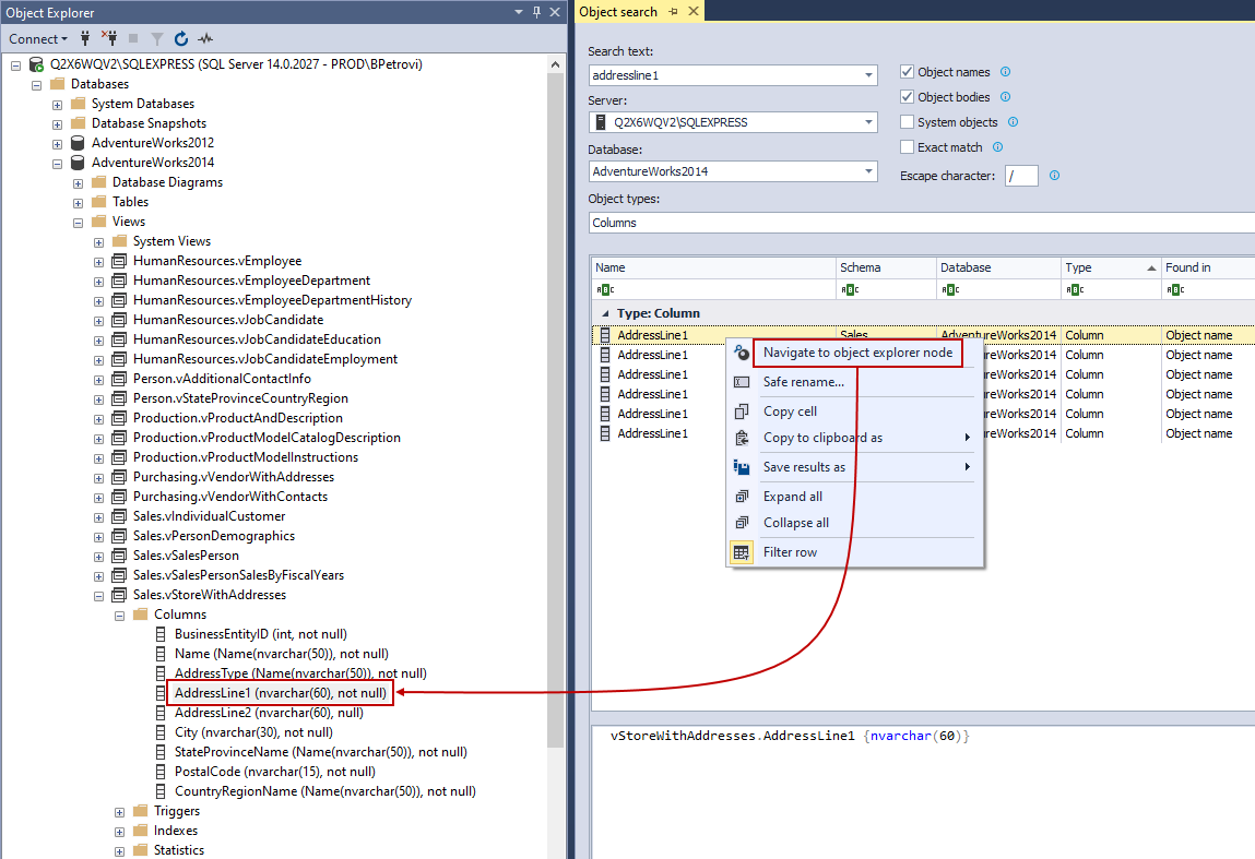 Navigate to object explorer node options from Object search panel showing the object in Object Explorer