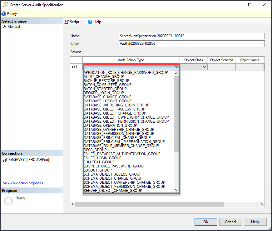 Creating new auditing specification - Audit Action types