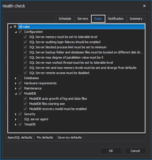 Health check rules configuration