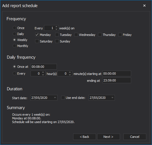 Report schedule frequency configuration