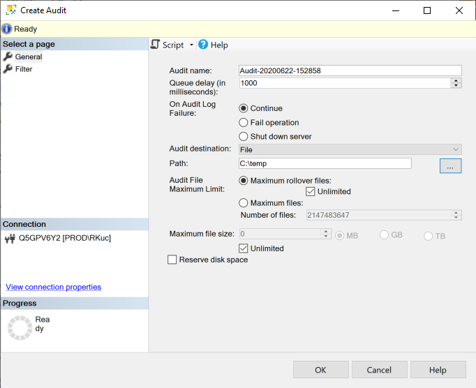 SQL Server Create Audit dialog