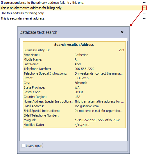 Database text search dialog