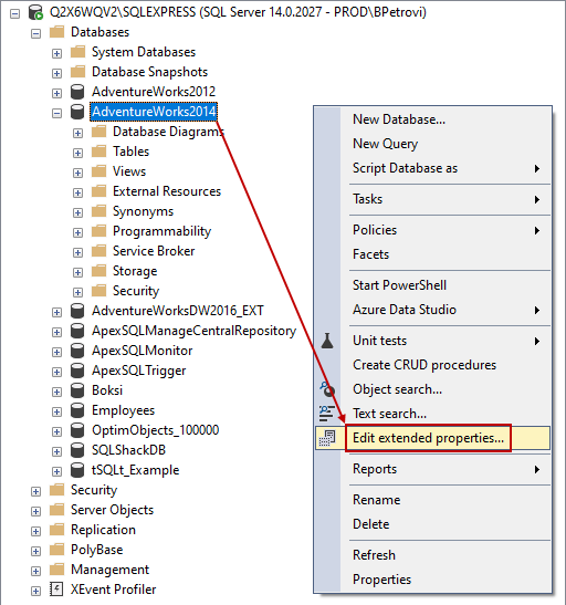 Edit extended properties command from Object Explorer in SSMS