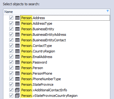 Grouped objects with the same schema under Select objects to search pane