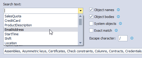 List of keywords used in a SQL search before