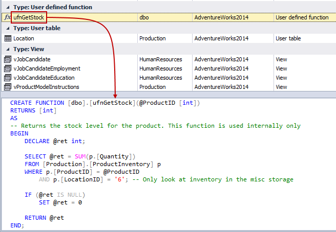 Object preview window with a definition of an object