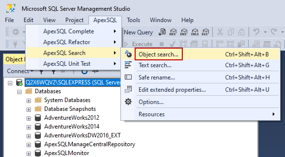 Object search command from ApexSQL main menu in SSMS