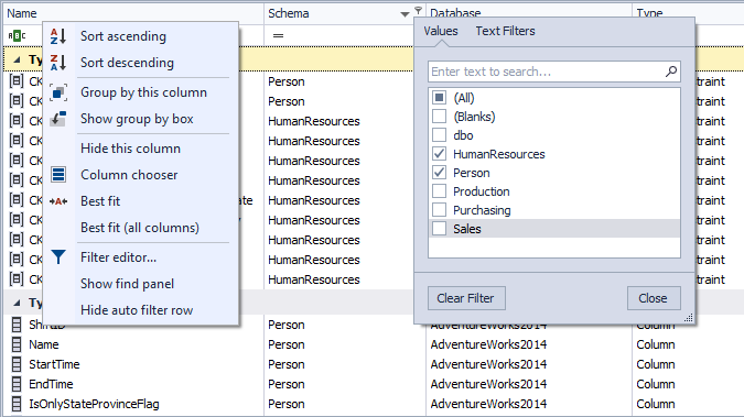 Options for advanced grouping and sorting of SQL search results