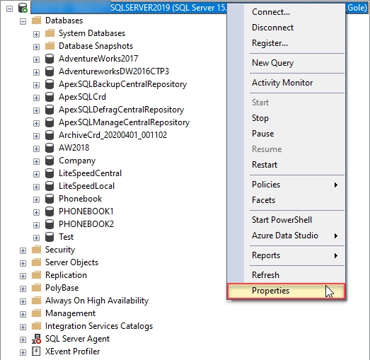 Properties in the SSMS