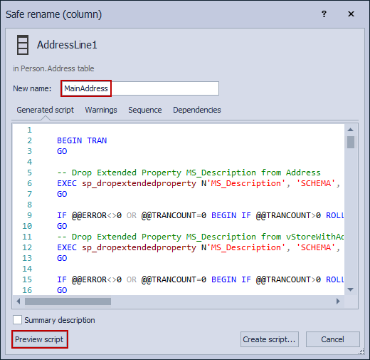 Safe rename window for renaming a column