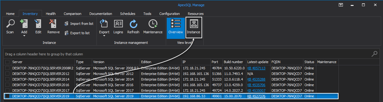 SQL instance view in the SQL manage instance tool