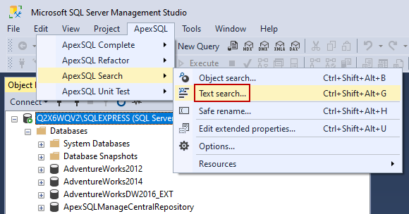 Text search command from ApexSQL main menu in SSMS