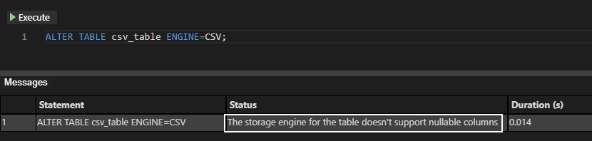 The storage engine for the table doesn't support nullable columns