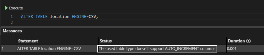 The used table type doesn’t support AUTO_INCREMENT columns