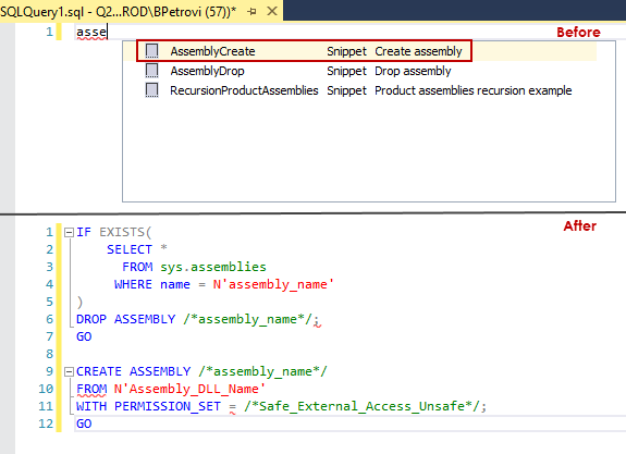 Before and after inserting a snippet from the library in the query editor