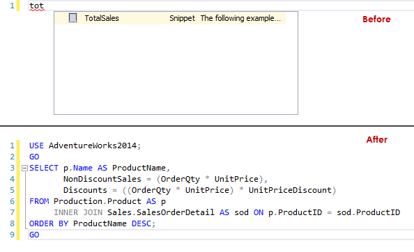 Before and after inserting the newly created snippet from the library in the query editor