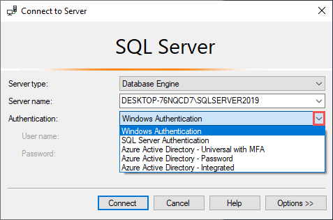 Choose authentication type in SSMS