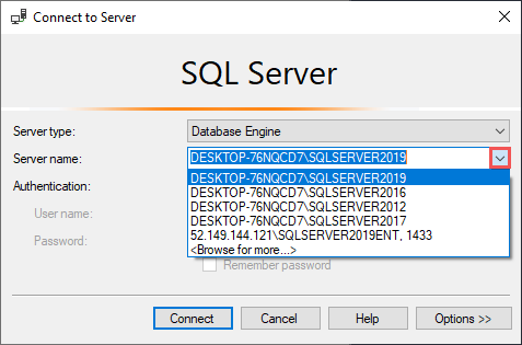 Choose SQL Server in SSMS