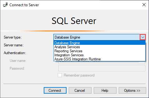 Choose SQL Server type in SSMS