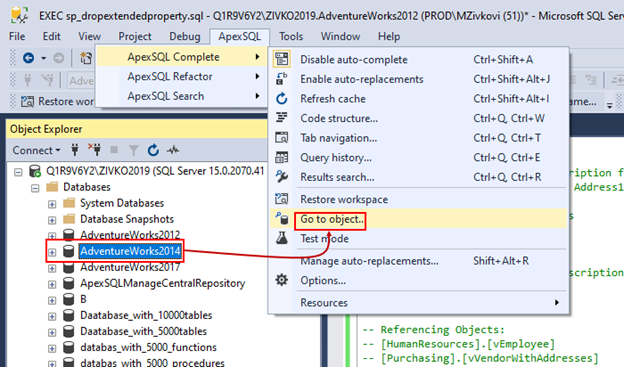 Go to object option in SSMS
