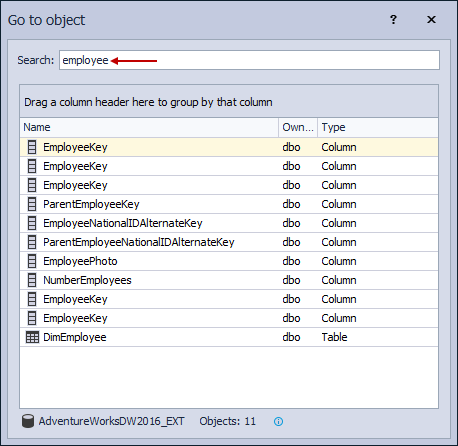 Go to object window in SSMS