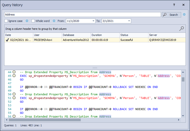Highlighted search result of T-SQL code in Executed queries window
