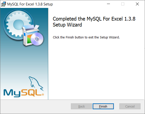Last MySQL For Excel installation dialog