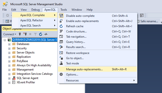 Manage auto-replacements option of the SQL complete add-in in SSMS
