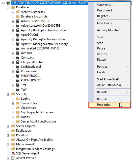 Properties for added SQL instance 
