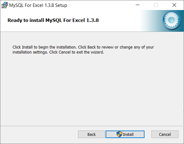 Ready to install MySQL For Excel 1.3.8 dialog