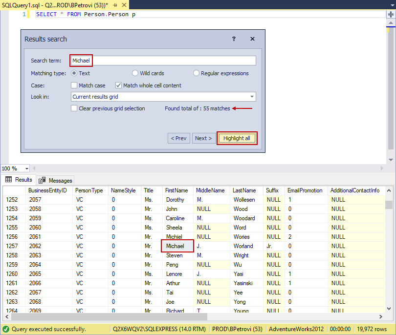 Results search window highlighting found objects in results set of a query