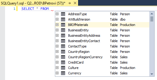SQL complete hint-list from query editor in SSMS