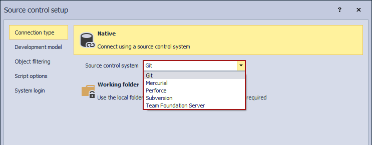 Choosing source control system in the Source control setup