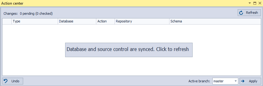 Notification in the Action tab when there are no changes between database and source control