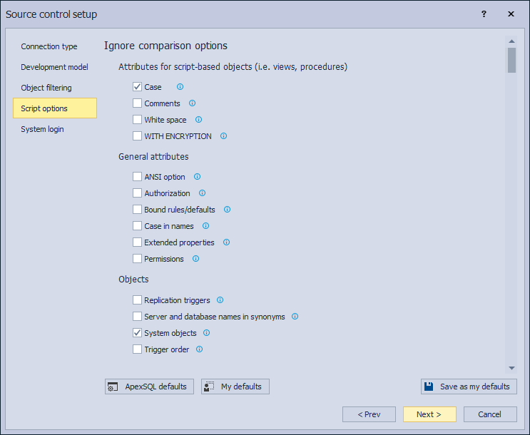 SQL compare and synchronization options in the Source control setup window