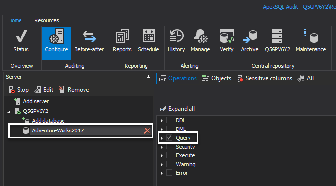 Database auditing configuration