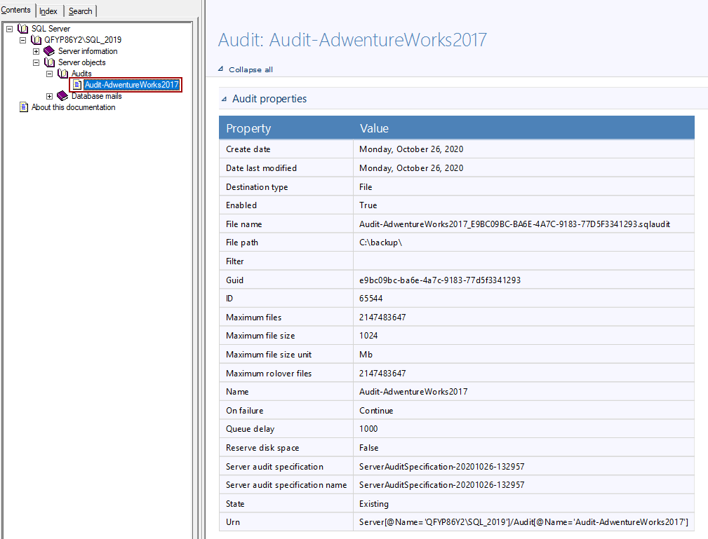 Documented SQL database audits using ApexSQL Doc