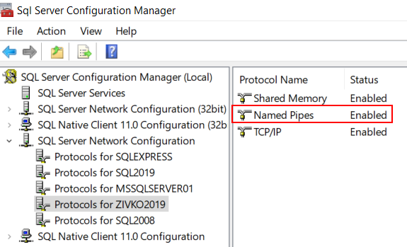 Enabled Name Pipe in the SQL Server Configuration Manager  window
