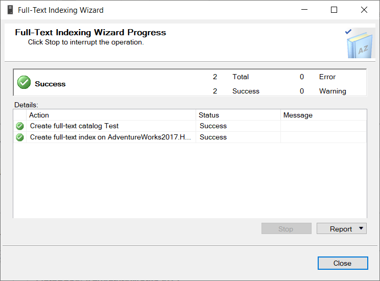 Full-Text Indexing Wizard Progress window