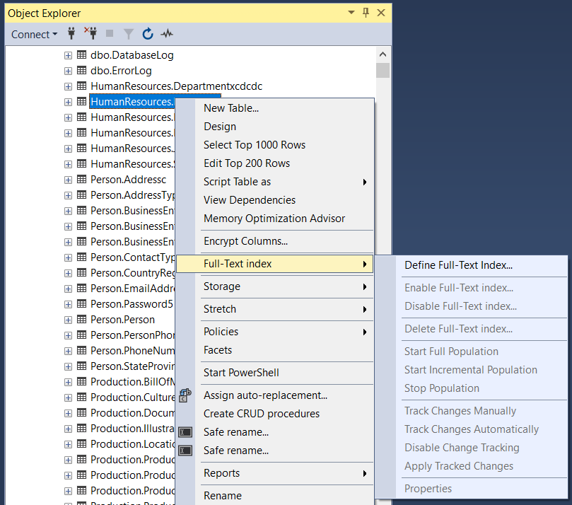 Initial Full-Text index wizard in the context menu of the Object Explorer pane