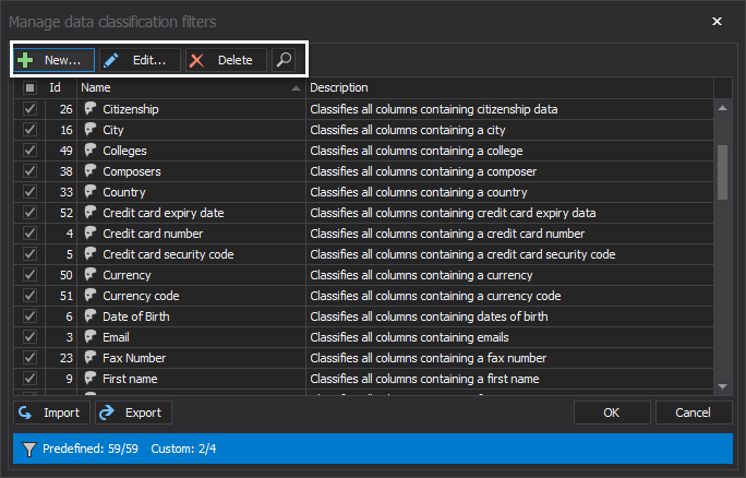 Manage data classification filters