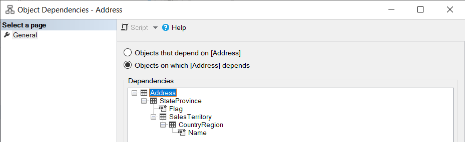 Object Dependencies window - Objects on which depends