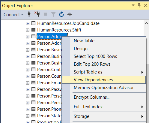View SQL object dependencies SSMS command