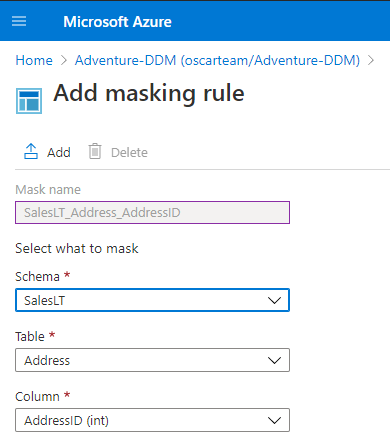 Add masking rule page, in which will be created dynamic data mask that will be used to mask SQL Server data