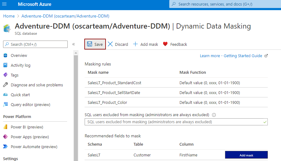 Click on the Save button will applied newly created dynamic data masks which will be used to mask SQL Server data