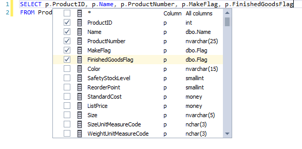 Column picker from SQL code complete hint-list